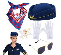 Stewardess Costume- 3-Piece Scarf and Hat Set | Attendant Outfit, Air Hostess Dressing Up Kit, Universal Fit for Professional Cabin Crew Theme Party Cosplay