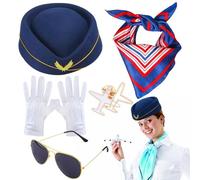 Stewardess Costume Set - 22.8 Inches Cloth Beret, 5 Piece Flights Attendant Accessories Kit | Stage Performance Theater, Halloween Cosplay Party, Aviation Career Day, Theme Photo Booth, Flights School