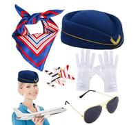 Stewardess Hat - Blue escape Attendant, Headwear Cloth Construction, Silk Scarf And Accessories Set, Elegant Cosplay Costume Component, Comfortable playing | For Stage Performance Themed Party