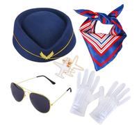 Stewardess Hat - Retro Airline Style, Beret Scarf Combo, Fashion Sunglasses Accent, Costume Brooch Pin | Great for Themed Celebrations Cosplay Stage Show Events Parties Dress