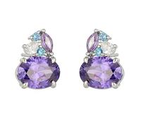 Stfery 14 Karat White Gold Amethyst Earrings Stud for Women Real Gold, Cluster Stud Earrings with 7mm Oval Amethyst Moissanite AU585
