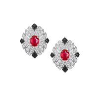 Stfery 14 Karat White Gold Stud Earrings, 1.35ct Pigeon Blood Ruby And Pave Diamonds Earrings Gold 14K for Women
