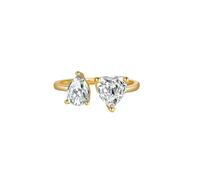 Stfery 14 Karat Yellow Gold Double Stones Open Ring for Women, Pear Heart Moissanite Wedding Band Ring Real Gold Size R 1/2