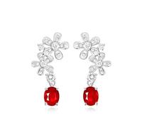Stfery 14 Kt White Gold Ruby Drop Earrings, Womens Flower Stud Earrings with 0.7ct Pigeon Blood Ruby and Diamonds Real Gold 14 Karat