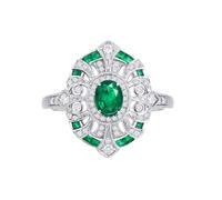 Stfery 14K White Gold Emerald Wedding Ring, Vintage Pavé Gemstone Cocktail Ring for Women, Real Gold Statement Rings with Oval Natural Emerald 0.35ct and Diamonds Au585 Size H 1/2