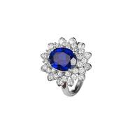 Stfery 14K White Gold Engagement Rings in Created Sapphire, Luxury Pavé Flower Cocktail Ring for Women, Gold Wedding Band with 4 Prong 3ct Oval Lab Grown Sapphire and Moissanite Au585 Size O 1/2