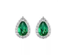 Stfery 14K White Gold Lab Grown Emerald Stud Earrings for Women, Pear Halo Earrings with 1ct Lab Created Emerald and pave Moissanites Real Gold Au585