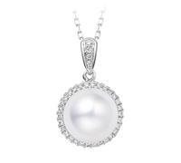 Stfery 14K White Gold Pearl Necklace, Elegant 7.5-8mm Saltwater Pearl Pendant with Natural Diamonds 0.08ct, Necklace Real Gold Au585 for Her