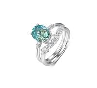 Stfery 14K White Gold Ring Set for Women Real Gold, Green Moissanite Stacker Double Band Ring Personalized Size 6