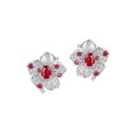 Stfery 14K White Gold Ruby Stud Earrings for Women, Pave Flower Earrings with 0.75ct Pigeon Blood Ruby and Diamonds Gold Au585