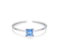 Stfery 14K White Gold Square Blue Topaz Open Ring Real Gold, Solitaire Gemstone Stacker Ring Personalized for Women Size O 1/2