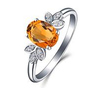 Stfery 18 K White Gold Wedding Band Leaves Set with 1ct Citrine and Pavé Diamonds Engagement Rings Size J 1/2