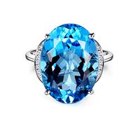 Stfery 18 K White Gold Wedding Rings for Women Set with 16ct Oval-Cut Blue Topaz and Pavé Diamonds Anniversary Band Size L 1/2