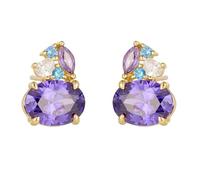 Stfery 18 Karat Yellow Gold Amethyst Earrings Stud for Women Real Gold, Cluster Stud Earrings with 7mm Oval Amethyst Moissanite AU750