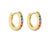 Stfery 18 Karat Yellow Gold Half Eternity Huggie Hoops for Women Real Gold, Round Hoop Earrings with Multicolor Lab Created Gemstone AU750