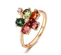 Stfery 18 kt Rose Gold Flower Ring for Women Set with 1.87ct Colorful Tourmaline and Pavé Diamonds Engagement Rings Size J 1/2