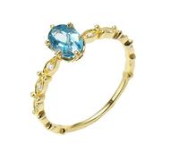 Stfery 18K Gold Oval Halo Promise Ring Real for Women, Wave Blue Topaz Ring Gold Au750 Size I 1/2