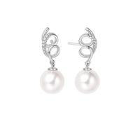 Stfery 18K Gold Pearl Drop Earrings for Women, Spiral Stud Earrings with Dangle Pearl 7.5-8mm and Diamonds 0.05ct White Gold Au750