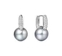 Stfery 18K White Gold Pearl Drop Earrings for Women, Dangle Grey Pearl 10-11mm Hoop Earrings pave Diamonds 0.3ct Gold Au750