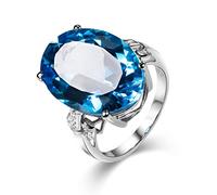 Stfery 18K White Gold Promise Rings for Her Set with 16ct Oval-Cut Blue Topaz and Pavé Diamonds Marriage Band Size P 1/2