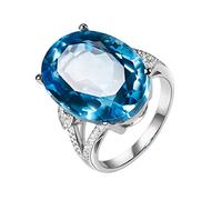 Stfery 18K White Gold Promise Rings Set with 16ct Oval-Cut Blue Topaz and Pavé Diamonds Anniversary Band Size U 1/2