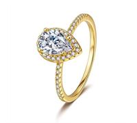 Stfery 18K Yellow Gold Statement Ring Real Gold Women, 1ct Moissanite Teardrop Halo Ring Personalized Size 7.5