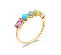 Stfery 9 Karat Gold Five Colorful Gemstones Cocktail Ring Real for Women, Amethyst Turquoise, Topaz, Peridot Wedding Ring Gold Au375 Size I 1/2
