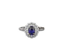 Stfery 9 Karat White Gold Promise Rings in Created Sapphire, Luxury Pavé Lace Trim Cocktail Ring for Her, Real Gold Anniversary Band with 1ct Oval Lab Grown Sapphire and Moissanite 9K Size O 1/2