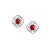 Stfery 9 Karat White Gold Ruby Stud Earrings, Womens Statement Halo Earrings with 0.7ct Pigeon Blood Ruby and Diamonds Real Gold 9K