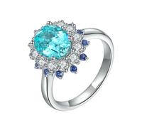 Stfery 925 Sterling Silver Wedding Ring, 3ct Lab Grown Tourmaline Aqua Flower Gemstone Cocktail Ring Real Gold for Women Size S 1/2