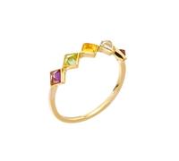 Stfery 9K Gold Five Stone Ring for Women, Square Citrine, Peridot, Amethyst, Moissanite Promise Ring Real Gold Au375 Size L 1/2