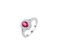 Stfery 9K White Gold Wedding Ring in Created Ruby, Sparkling Oval Pave Halo Ring Women Anniversary Rings with 1ct Lab Grown Ruby and Moissanites Real Gold Au375 Size T 1/2