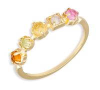 Stfery 9K Yellow Gold Anniversary Ring for Women, Five Colorful Gemstones Ring Real Gold Au375 Size N 1/2