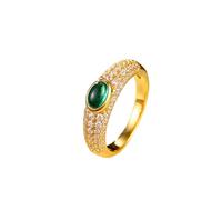 Stfery 9K Yellow Gold Engagement Ring in Created Emerald, Elegant Pave Curve Band for Her, Promise Rings with 4 Prong Oval Lab Grown Emerald 0.7ct and Moissanite Real Gold Au375 Size H 1/2