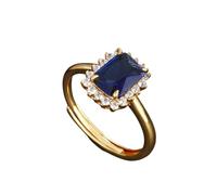 Stfery 9K Yellow Gold Ring Real for Women, Rectangular Halo Cluster Created Sapphire Engagement Ring Gold Au375 Size M 1/2