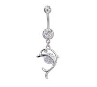 Stfery Dangle Belly Button Rings Hypoallergenic, Belly Piercing Surgical Steel 16MM Navel Ring White Gold Body Jewelry Dolphin Hollow
