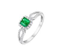 Stfery Emerald Promise Rings 9K White Gold for Women, Vintage Openwork Pave Square Halo Ring Gold Anniversary Band with Natural Emerald 0.4ct and Diamonds Au375 Size T 1/2