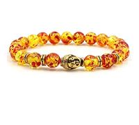 Stfery Friendship Bracelet for Adults, Mens Buddha Bracelet Crystal Cubic Zirconia Yellow 8mm Gold Bead 7.6Inch Alloy Jewelry Womens