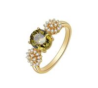 Stfery Green Tourmaline Engagement Rings 9K Yellow Gold for Women, Elegant Triple Cocktail Ring Gold Promise Band with 1.5ct Oval Tourmaline and Pave Diamonds Au375 Size L 1/2