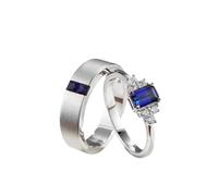 Stfery His and Her Promise Rings White Gold 9K, Classic Womens Triple Stone Ring Real Gold Anniversary Ring for Couple with Lab Grown Sapphire 0.5ct Au375 Size V 1/2
