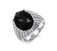 Stfery Men Oval Gemstone Stainless Steel Ring Silver Black Glass Fluted Ring 20mm for Him Size P 1/2