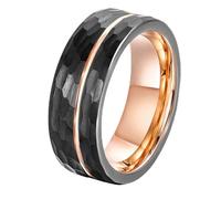 Stfery Men Tungsten Steel Two-Tone Hammered Textured Ring, 8mm Grooved Black Rose Gold Band Ring Size Q 1/2