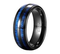Stfery Mens Tungsten Steel Curved Wood Grain Ring, 8mm Black Blue Double Channel Ring for Him Size S 1/2