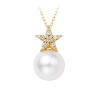 Stfery Pearl Necklace 14 Kt Yellow Gold for Women, Elegant 7.5-8mm Saltwater Pearl Star Pendant with Natural Diamonds 0.04ct, Necklace Real Gold 14 Karat