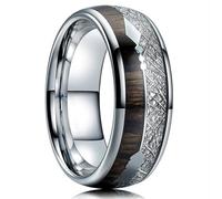 Stfery Polished Curved Tungsten Steel Men's Band Ring Silver Meteorite Texture Wood Inlay Ring 8mm for Him Size N 1/2