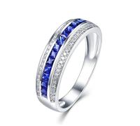 Stfery Promise Rings for Her White Gold 18K Princess-Shape Sapphire Pavé Diamonds Engagement Band Size P 1/2
