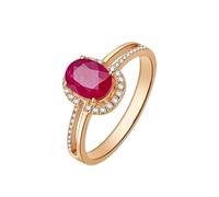 Stfery Ruby Engagement Ring 18K Rose Gold for Women, Elegant Oval Halo Double Band Ring Gold Wedding Bands with 1ct Natural Ruby and Pave Diamonds Au750 Size N 1/2