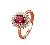 Stfery Ruby Engagement Ring 9K Rose Gold, Sparkling Flower Gemstone Ring Women Anniversary Rings with 1.5ct Oval Natural Ruby and Pave Diamonds Real Gold Au375 Size O 1/2