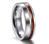Stfery Titanium Steel Men Band Ring, 6mm Wood Inlay Silver Brown Ring for Couple Size T 1/2