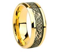Stfery Tungsten Steel Beveled Band Ring for Men, Gold Dragon Pattern Celtic Knot Inlay Ring 8mm Size R 1/2